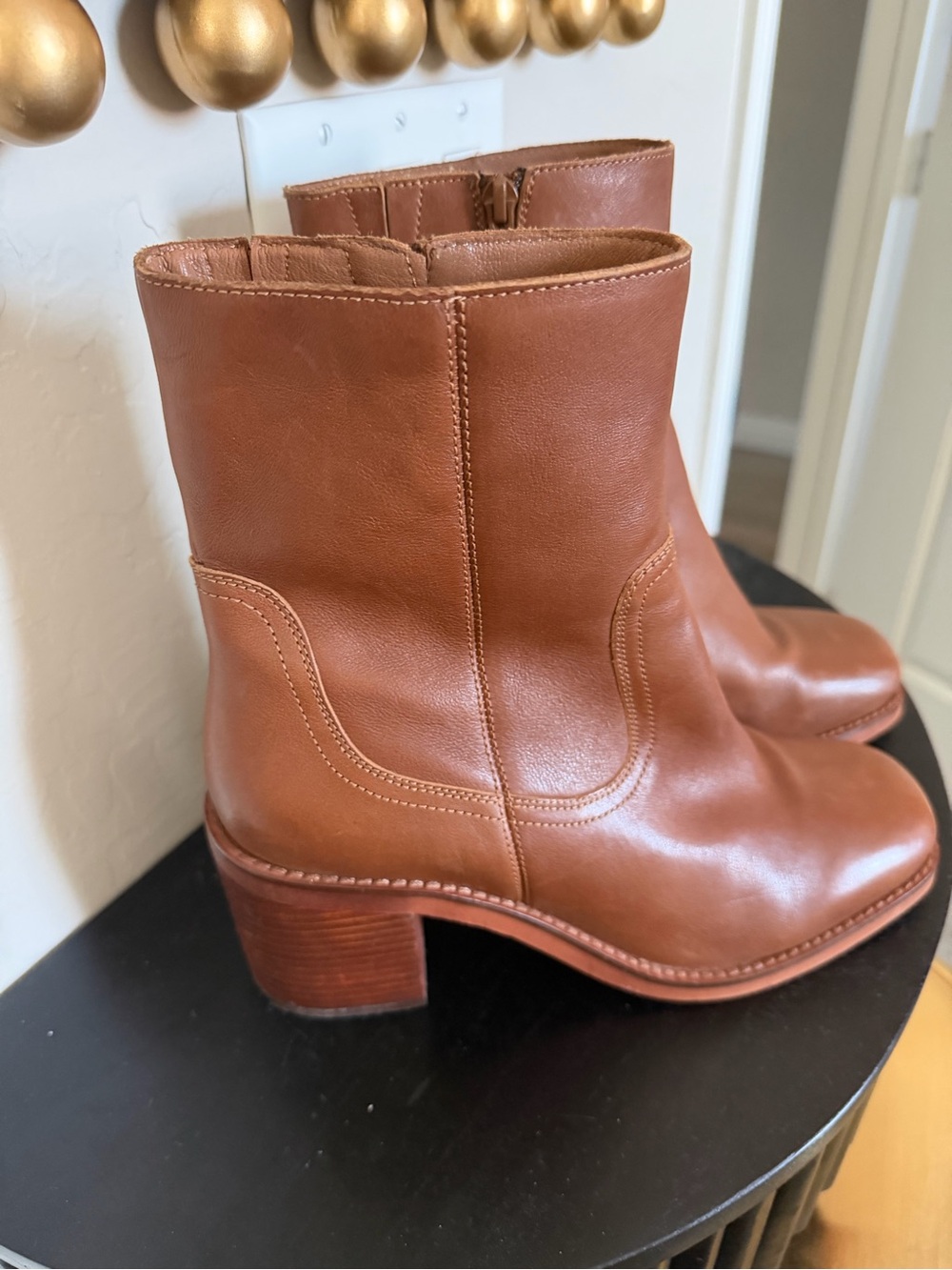 Women’s Tan Leather Mid-Calf Block Heel Boots